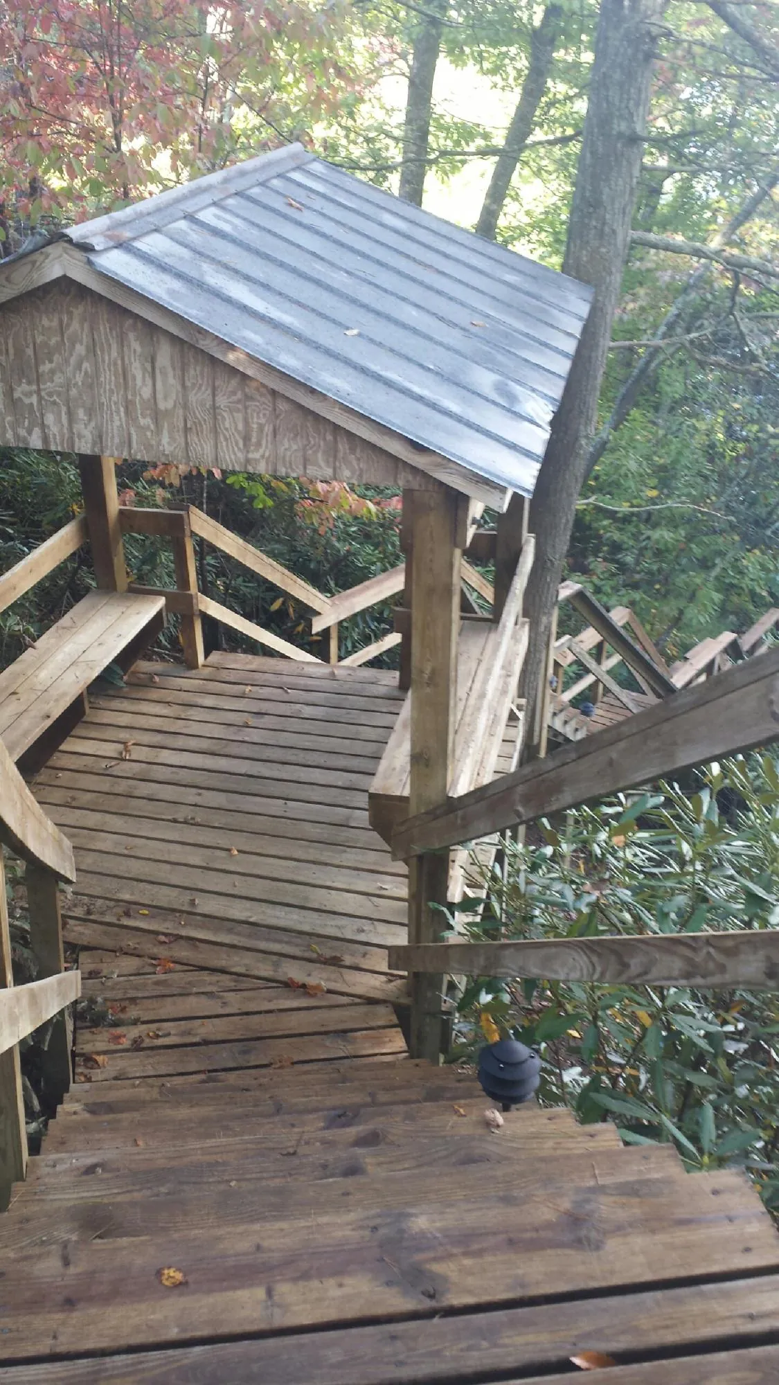 Metal roofed shelter over wooden steps on a wooded walkway — Skylight Repair & Installation work by our crew in Valleyford